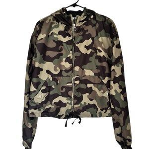 Women's Camo Bomber Jacket with Hood - Green Multi